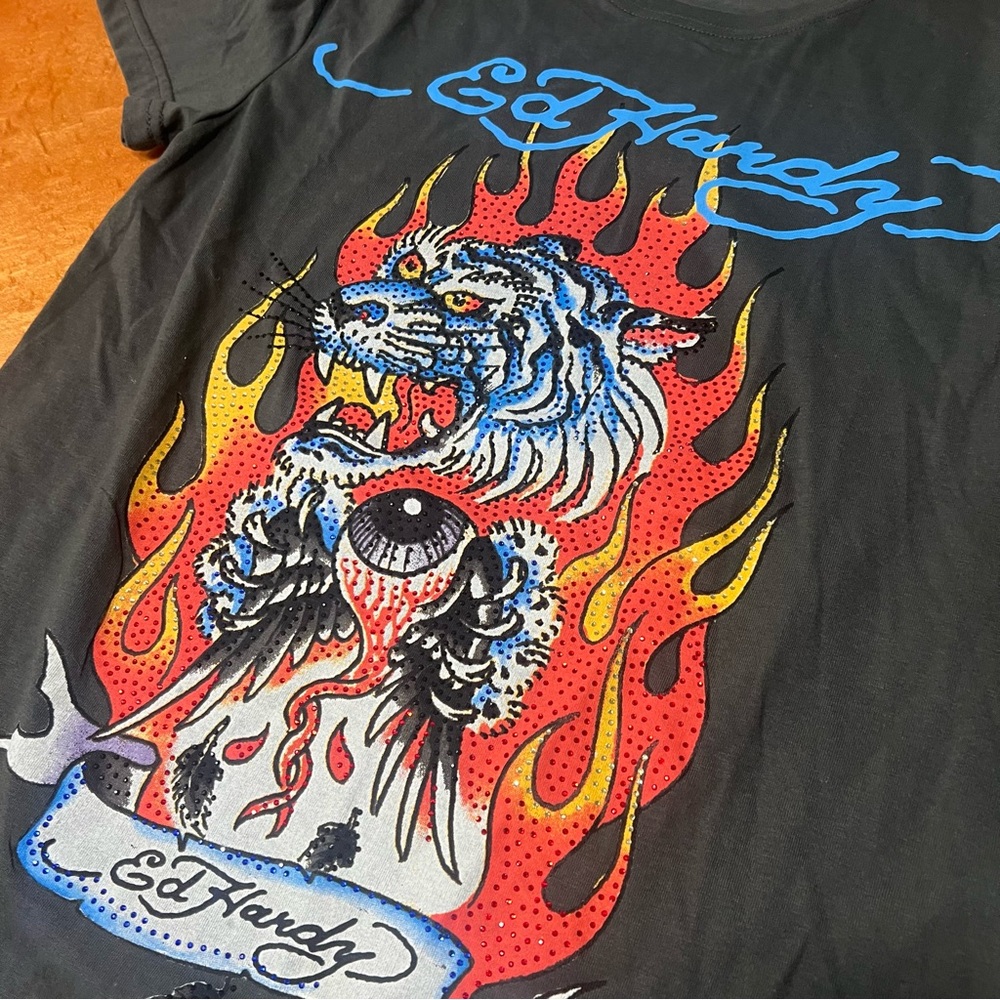 New Ed Hardy Rhinestone Fire Tiger Black Graphic Tee small - Picture 2 of 10
